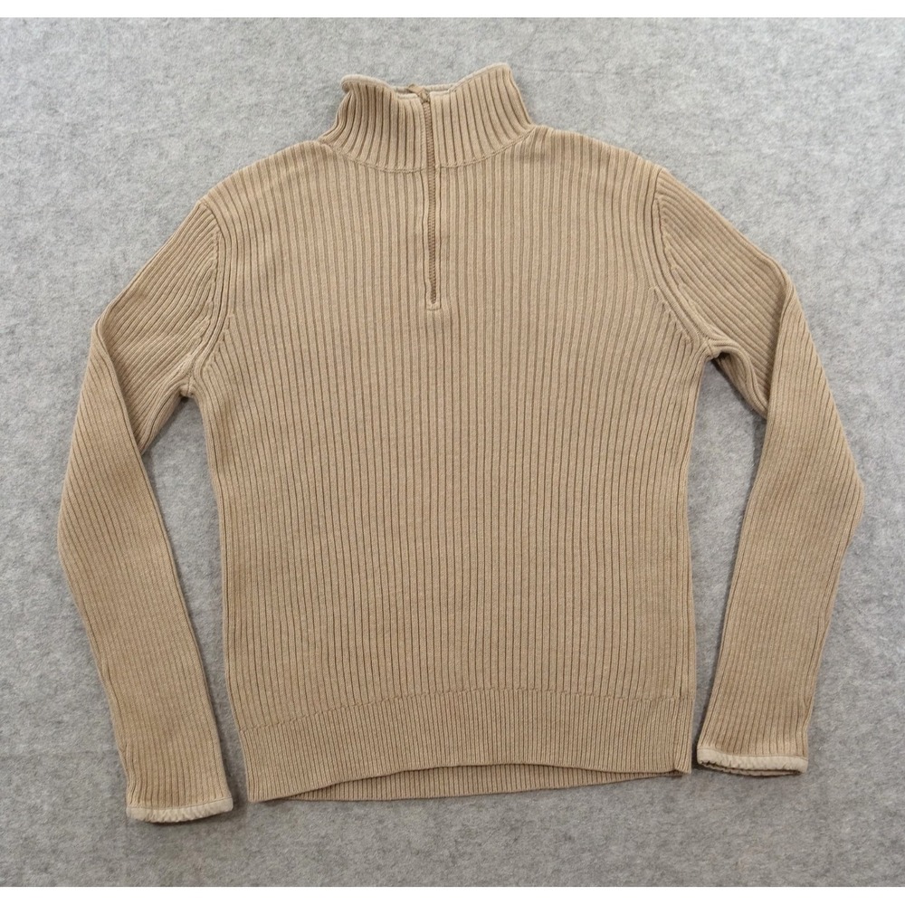 Express Sweater Mens Medium Beige Quarter Zip Ribbed Knit Pullover Mock Neck